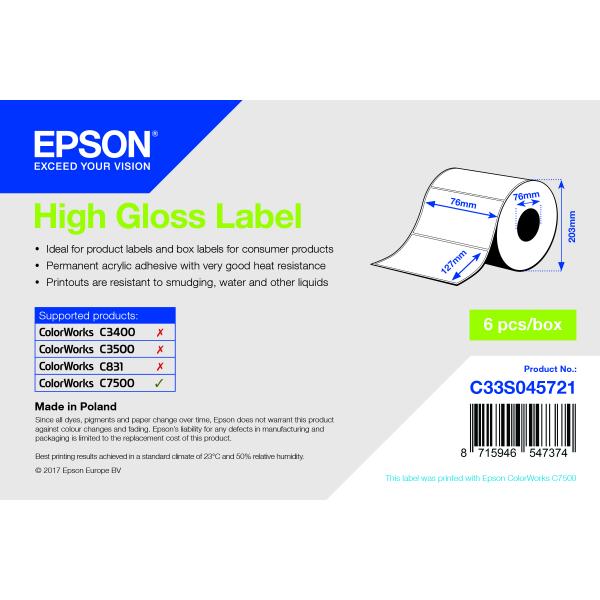 Epson High Gloss Label - Die-cut Roll: 76mm x 127mm, 960 labels (HIGH GLOSS DIE-CUT - 76MMX127MM 960 LBLS)Epson8715946547374C33S045721