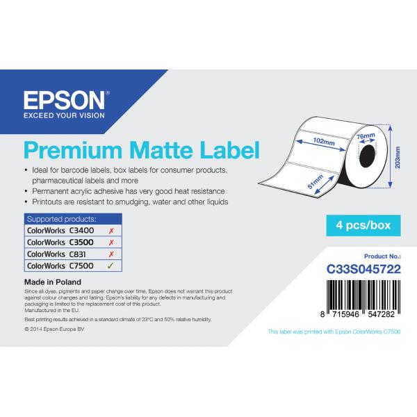 Epson Premium Matte Label - Die-cut Roll: 102mm x 51mm, 2310 labels (PREMIUM MATTE DIE-CUT - 102MMX51MM 2310 LBLS)Epson8715946547282C33S045722