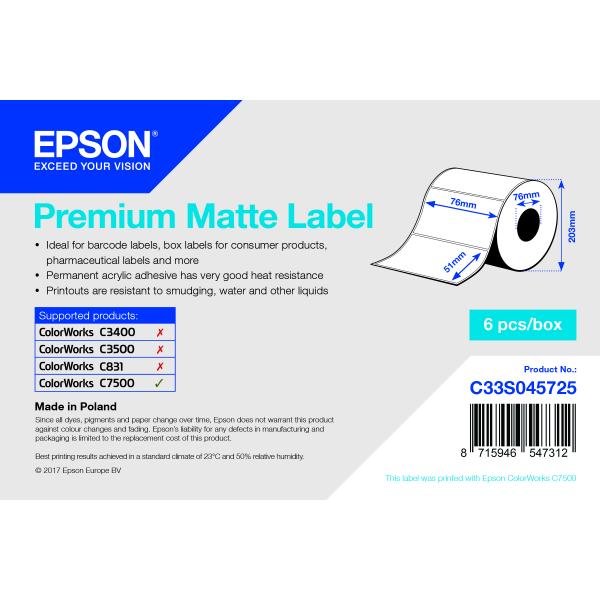 Epson Premium Matte Label - Die-cut Roll: 76mm x 51mm, 2310 labels (PREMIUM MATTE DIE-CUT - 76MMX51MM 2310 LBLS)Epson8715946547312C33S045725