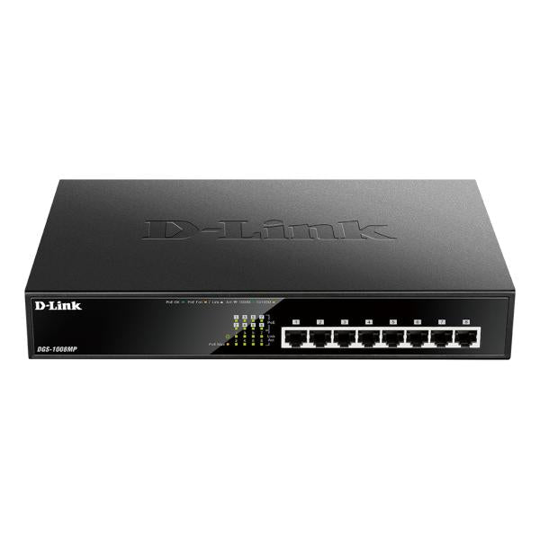D-Link DGS-1008MP switch di rete Non gestito Gigabit Ethernet [10/100/1000] Supporto Power over Ethernet [PoE] 1U Nero (8-PORT DESKTOP POE+ SWITCH - GIGABIT)D-linkDGS-1008MP