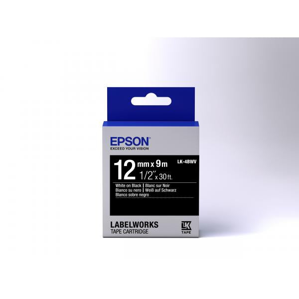 Epson Nastro fondo Lucido Nero per testo Bianco 12/9 LK-4BWV (TAPE LK-4BWV VIVID WHITE/BLACK - WHITE/BLACK TAPE 12MM [9M])EpsonC53S654009