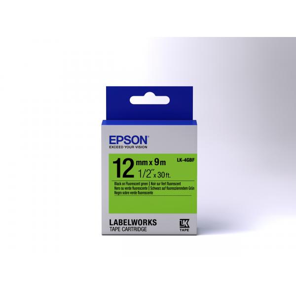 Epson Nastro fondo Fluorescente Verde per testo Nero 12/9 LK-4GBF (TAPE - LK-4GBF FLUOR BLK-/GREEN - GREEN 12/9)EpsonC53S654018