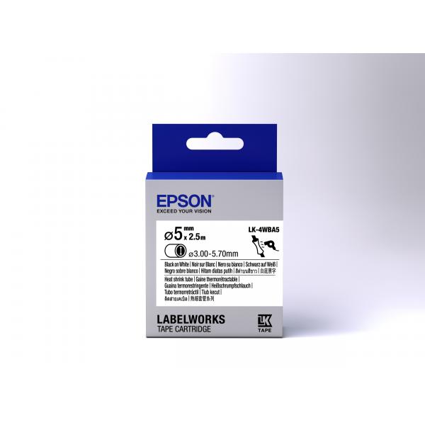 Epson Guaina Termorestringente Bianca per testo Nero, Heat Srink Tube D5mm/ 2,5 LK-4WBA5 (TAPE - LK-4WBA5 HST BLK-/WHT D5 - WHT D5/2 5)EpsonC53S654904