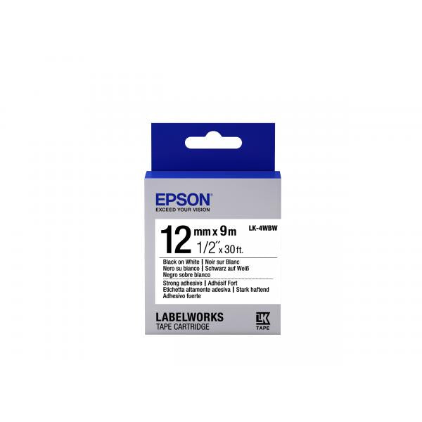 Epson Nastro fondo Bianco per testo Nero, altamente adesivo 12/9 LK-4WBW (TAPE - LK-4WBW STRNG ADH BLK-/W - WHT 12/9)EpsonC53S654016