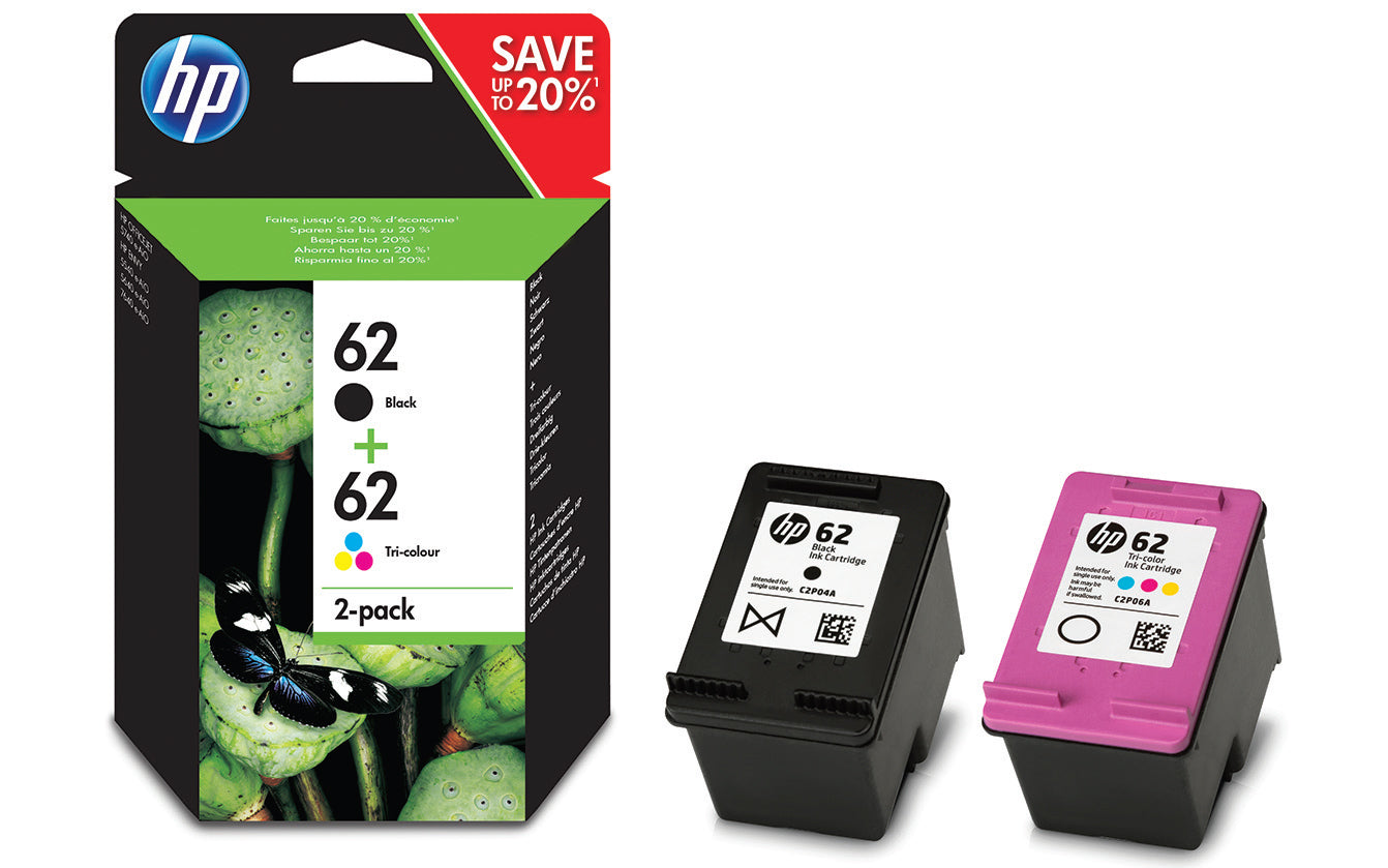 HP Confezione da 2 cartucce originali di inchiostro nero/tricromia 62 (HP 62 Twin Pack - 2 pakker - sort, far)HpN9J71AE#301