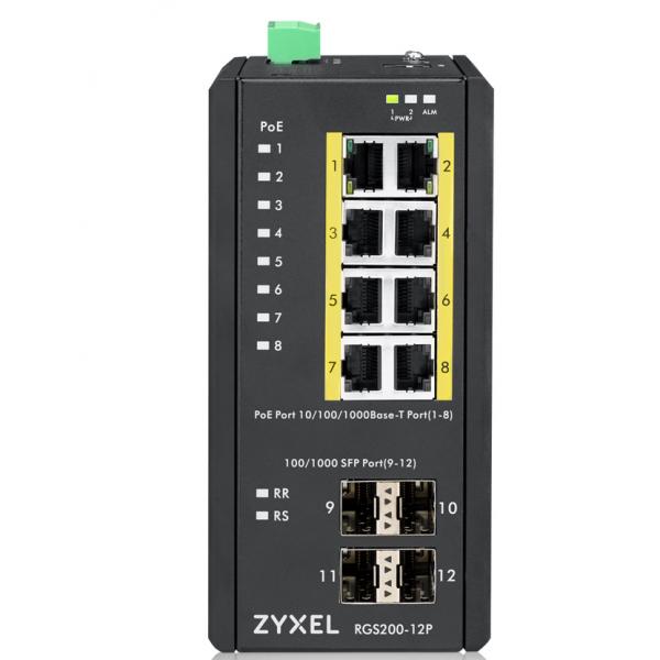Zyxel RGS200-12P Gestito L2 Gigabit Ethernet [10/100/1000] Supporto Power over Ethernet [PoE] Nero (RGS200-12P 12 Port managed PoE Switch 240 Watt PoE DIN Rail IP30 12-58V DC)ZyxelRGS200-12P-ZZ0101F