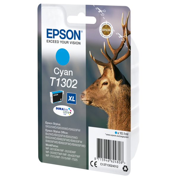 Epson Stag Inchiostro ciano singolo DURABrite Ultra Cervo T1302 (OEM Epson C13T13024012 [T1302 Ink Cartridge Cyan XL 765 Pages 10.1ml)EpsonC13T13024012