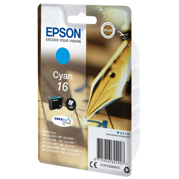 Epson Pen and crossword Cartuccia Penna e cruciverba Ciano Inchiostri DURABrite Ultra 16 (Epson Ink Cartridges, DURABrite Ultra, 16, Pen and crossword, Singlepack, 1 x 3.1 ml Cyan, RF+AM)EpsonC13T16224022