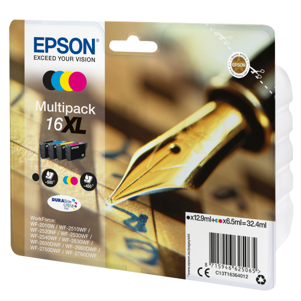 Epson Pen and crossword Multipack Penna e cruciverba 4 colori Inchiostri DURABrite Ultra 16XL (Epson 16XL Pen and Crossword Black Cyan Magenta Yellow High Yield Ink Cartridge Multipack 12.9ml Black + 3 x 6.5ml [Pack 4] - C13T16364022)EpsonC13T16364022
