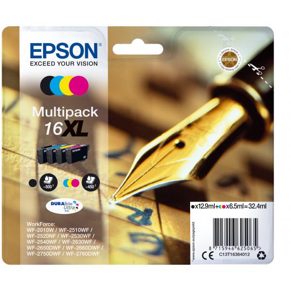 Epson Pen and crossword Multipack Penna e cruciverba 4 colori Inchiostri DURABrite Ultra 16XL (Epson 16XL Pen and Crossword Black Cyan Magenta Yellow High Yield Ink Cartridge Multipack 12.9ml Black + 3 x 6.5ml [Pack 4] - C13T16364022)EpsonC13T16364022