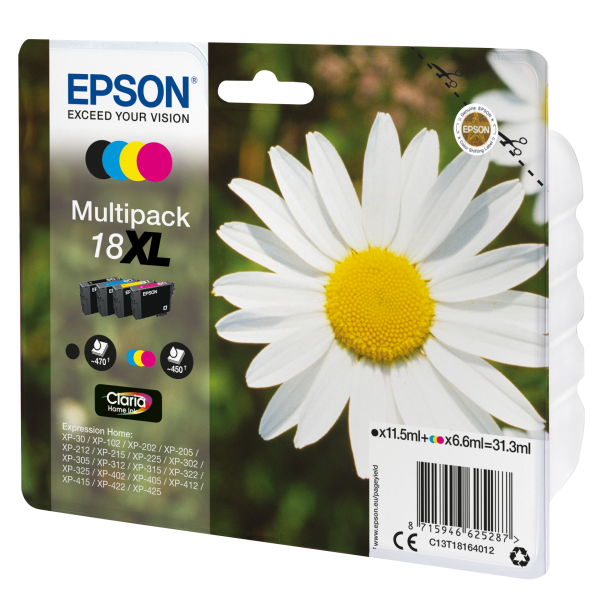 Epson Daisy Multipack Margherita 4 colori Inchiostri Claria Home 18XL (OEM Epson C13T18164012 [18XL] Ink Cartridge Multi Pack BkCMY High Capacity 470 Pages + 3x450 Pages 1x12ml + 3x7ml Pack=4)EpsonC13T18164012