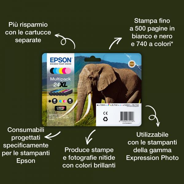 Epson Elephant Inchiostro nero singolo Claria Photo HD Elefante 24XL (Epson 24XL - XL - sort - original - bl)EpsonC13T24314022