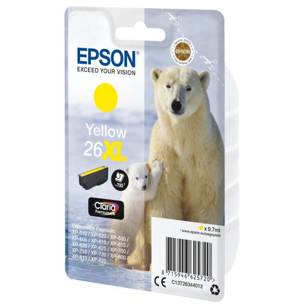 Epson Polar bear Cartuccia Giallo XL (Epson 26XL - 8.7 ml - XL - giallo - originale - blister - cartuccia d'inchiostro - per Expression Premium XP-510, 520, 600, 605, 610, 615, 620, 625, 700, 710, 720, 800, 810, 820)EpsonC13T26344012