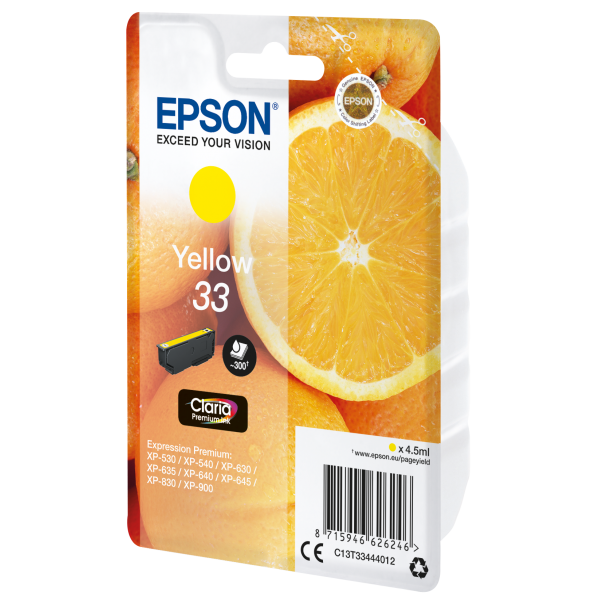 Epson Oranges Cartuccia Giallo T33 Claria Premium (EPSON 33 YELLOW INK ORANGES 1 x 4.5ml STANDARD)EpsonC13T33444012