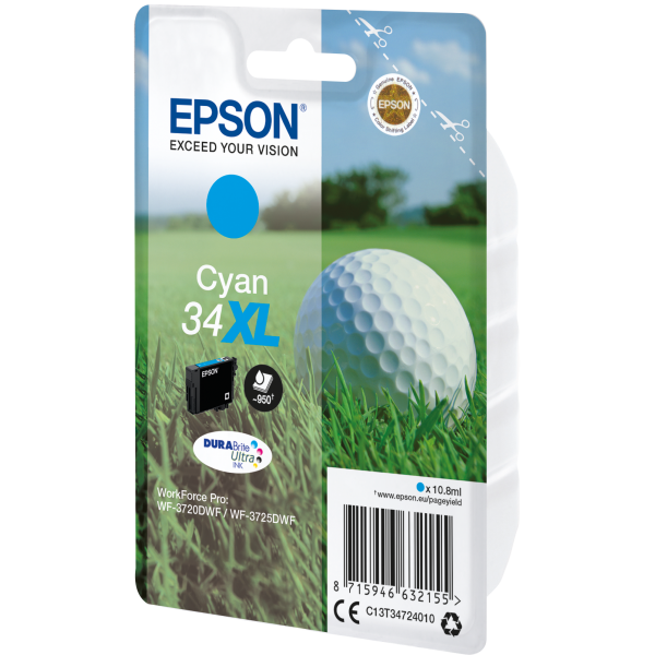 Epson Golf ball Singlepack Cyan 34XL DURABrite Ultra Ink (EPSON 34XL CYAN INK CARTRIDGE GOLF BALL 10.8ML)EpsonC13T34724010