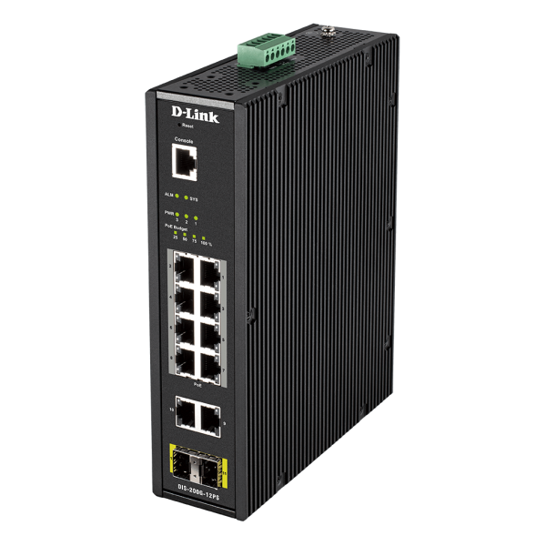 D-Link DIS-200G-12PS switch di rete Gestito L2 Gigabit Ethernet [10/100/1000] Supporto Power over Ethernet [PoE] Nero (12-P.Smart m.GB PoE Ind.Switch,12-Port Layer2 Smart Managed Gigabit Industrial Switch, 8x 100/1000Mbit/s TP [RJ-45] PoE Port, 2x 10...