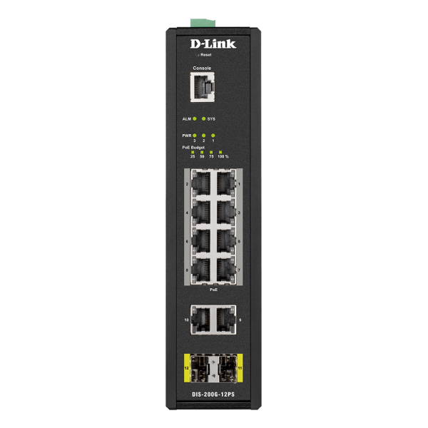 D-Link DIS-200G-12PS switch di rete Gestito L2 Gigabit Ethernet [10/100/1000] Supporto Power over Ethernet [PoE] Nero (12-P.Smart m.GB PoE Ind.Switch,12-Port Layer2 Smart Managed Gigabit Industrial Switch, 8x 100/1000Mbit/s TP [RJ-45] PoE Port, 2x 10...