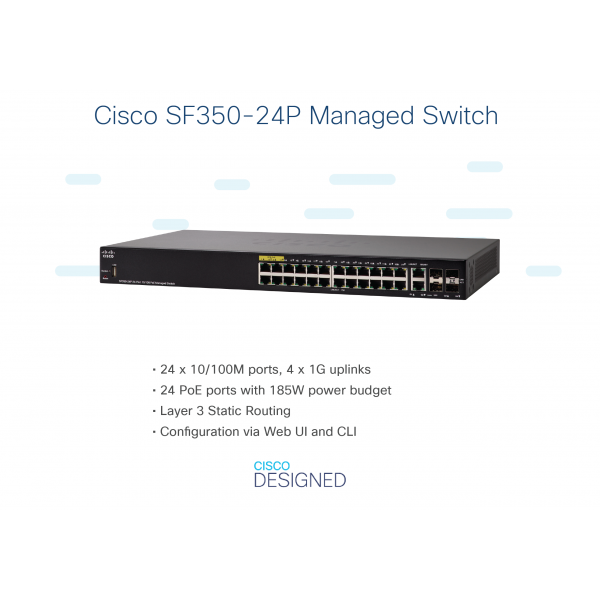 Cisco SF350-24P Gestito L2/L3 Fast Ethernet [10/100] Supporto Power over Ethernet [PoE] Nero (SF350-24P 24-PORT 10/100 - POE MANAGED SWITCH)Cisco0882658997174SF350-24P-K9-UK