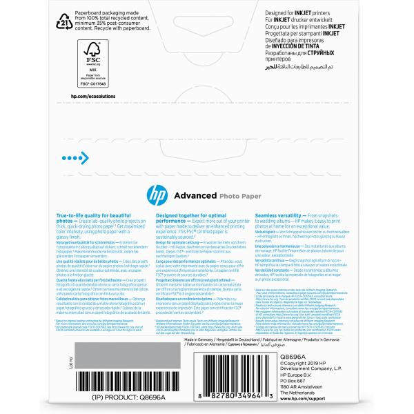 HP Carta fotografica Advanced, lucida, 250 g/m2, 13 x 18 [127 x 178 mm], 25 fogli (ADVANCED GLOSSY PHOTO PAPER - 25SHT 13X18CM 250G/QM)HpQ8696A