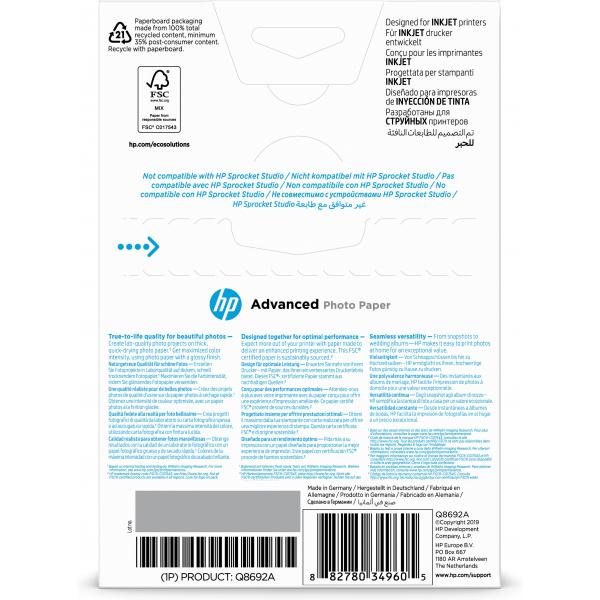 HP Confezione da 100 fogli di carta fotografica Advanced, lucida, 250 g/m2, 10 x 15 cm [101 x 152 mm] (HP ADV GLOSSY PHOTO PAPER 250G - 10X15 BORDERLESS 100SH)HpQ8692A