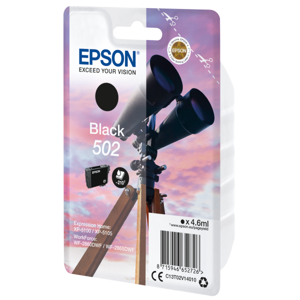 Epson Singlepack Black 502 Ink (Singlepack Black 502 Ink SEC - Singlepack Black 502 Ink, - Original, Pigment-based ink, Black, Epson, 1 pc[s], Inkjet printing - Warranty: 12M)Epson8715946652733C13T02V14020