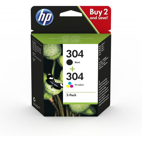 HP Confezione da 2 cartucce di inchiostro nero/in tricromia originali 304 (HP 304 - 2-pack - pigmented black, colour [cyan, magenta, yellow] - original - ink cartridge - for AMP 130, Deskjet 26XX, 37XX, ENVY 50XX)Hp3JB05AE