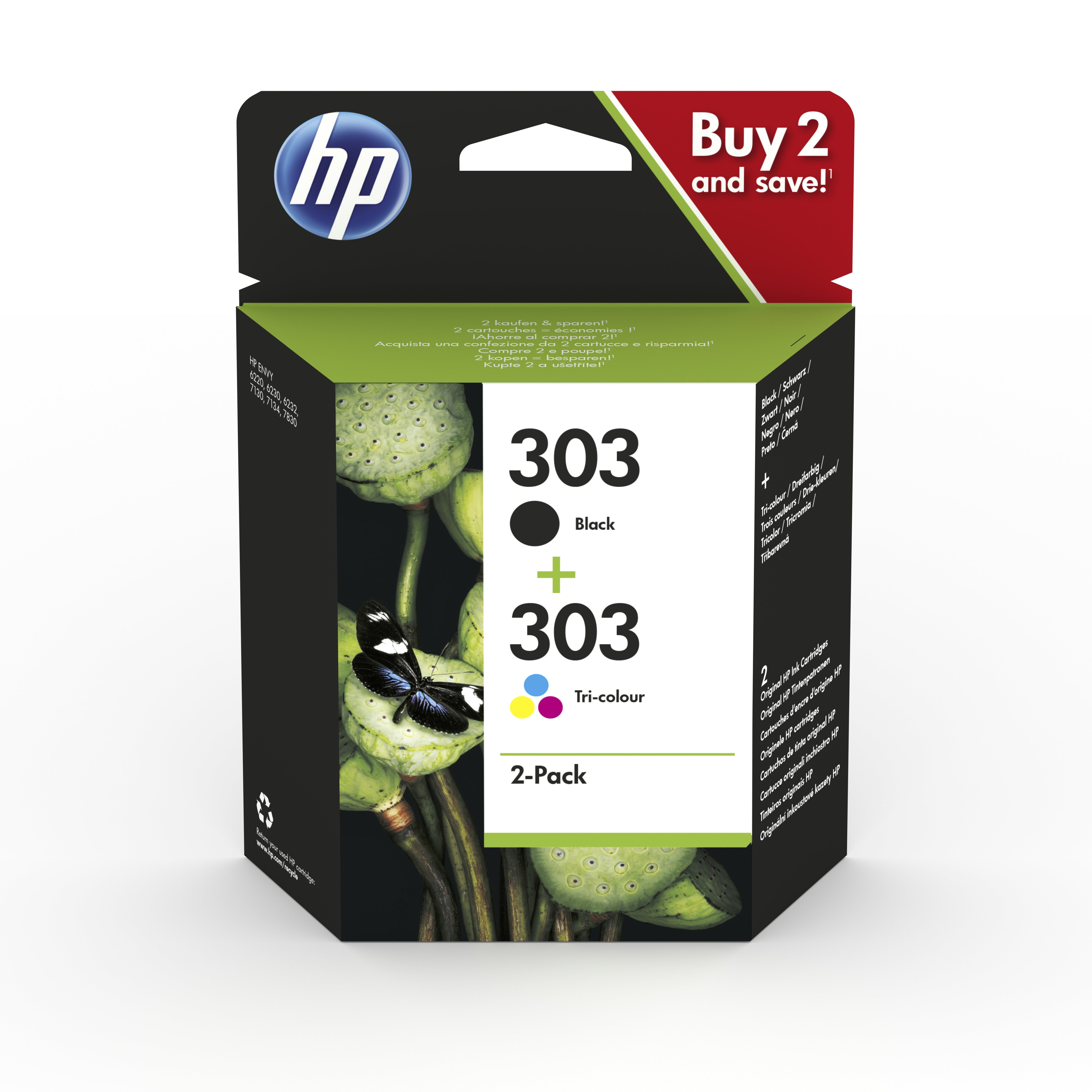 HP Confezione da 2 cartucce di inchiostro nero/in tricromia originali 303 (HP 303 - 2 pakker - sort, farve [cyan,)Hp3YM92AE#301