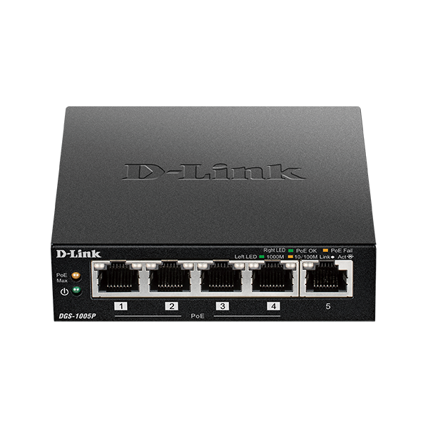 D-Link DGS-1005P Non gestito L2 Gigabit Ethernet [10/100/1000] Supporto Power over Ethernet [PoE] Nero (D-Link DGS 1005P - Switch - 5 x 10/100/1000 [4 PoE+] - desktop - PoE+ [60 W])D-linkDGS-1005P/B
