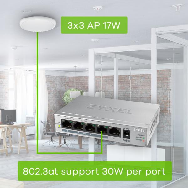 Zyxel GS1005HP Non gestito Gigabit Ethernet [10/100/1000] Supporto Power over Ethernet [PoE] Argento (Zyxel GS1005HP - Switch - unmanaged - 4 x 10/100/1000 [PoE+] + 1 x 10/100/1000 - montaggio a parete, desktop - PoE [60 W])Zyxel4718937603923GS1005HP...
