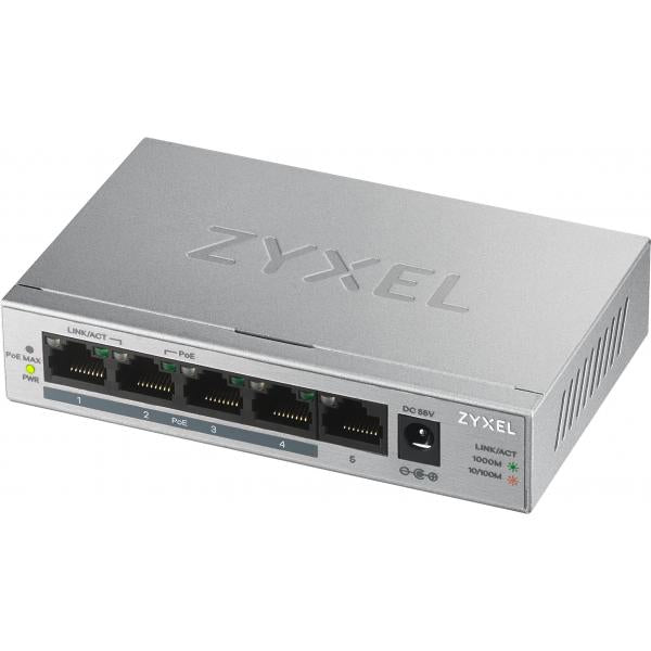Zyxel GS1005HP Non gestito Gigabit Ethernet [10/100/1000] Supporto Power over Ethernet [PoE] Argento (Zyxel GS1005HP - Switch - unmanaged - 4 x 10/100/1000 [PoE+] + 1 x 10/100/1000 - montaggio a parete, desktop - PoE [60 W])Zyxel4718937603923GS1005HP...