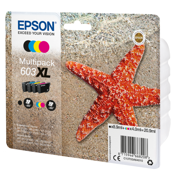 Epson Multipack 4-colours 603XL Ink (Epson Ink Cartridges, 603, Starfish, Multipack, 1 x 8.9 ml Black, 1 x 4.0 ml Cyan, 1 x 4.0 ml Magenta, 1 x 4.0 ml Yellow, Standard)EpsonC13T03A64010