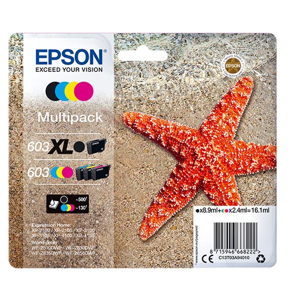 Epson 603 XL cartuccia d'inchiostro 1 pz Originale Resa elevata [XL] Nero, Ciano, Magenta, Giallo (Epson 603 Starfish Black Extra High Yield Cyan Magenta Yellow Standard Yield Ink Cartridge 8.9ml 3 x 2.4ml Pack 4 - C13T03A94010)EpsonC13T03A94010