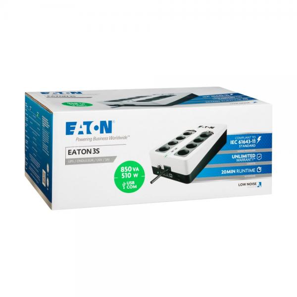 Eaton 3S850D gruppo di continuità [UPS] Standby [Offline] 0,85 kVA 510 W 8 presa[e] AC (Eaton 3S 850 - UPS - 220-240 V c.a. V - 510 watt - 850 VA - 1 fase - USB - connettori di uscita 8)Eaton07431721017783S850D