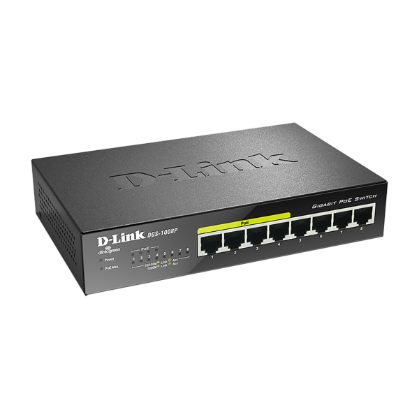 D-Link DGS-1008P switch di rete Non gestito Gigabit Ethernet [10/100/1000] Supporto Power over Ethernet [PoE] Nero (D-Link DGS 1008P - Switch - unmanaged - 4 x 10/100/1000 [PoE] + 4 x 10/100/1000 - desktop - PoE)D-linkDGS-1008P