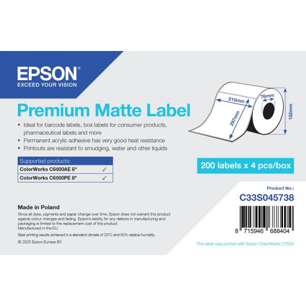 Epson Premium Matte Label - Die Cut Roll: 210mm x 297mm, 200 labels (PREMIUM MATTE LABEL DIE CUTROLL - 210MMX297MM 200 LABELS)Epson8715946688404C33S045738