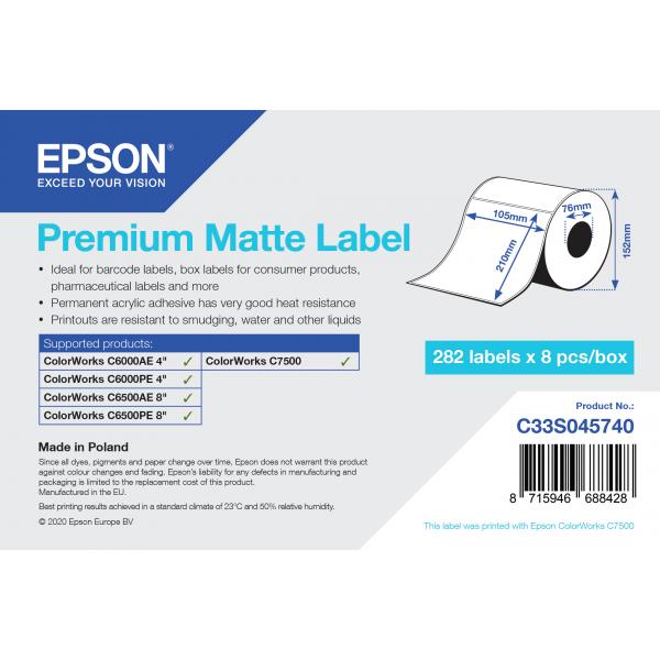 Epson Premium Matte Label - Die-Cut Roll: 105mm x 210mm, 282 labels (PREMIUM MATTE LABEL DIE-CUTROLL - 105MMX210MM 282 LABELS)Epson8715946688428C33S045740