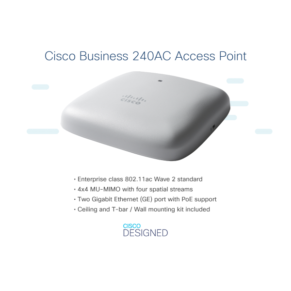 Cisco CBW240AC 1733 Mbit/s Grigio Supporto Power over Ethernet [PoE] (Cisco Business 240AC - Radio access point - Wi-Fi 5 - 2.4 GHz, 5 GHz [pack of 5])Cisco08897282796425-CBW240AC-E