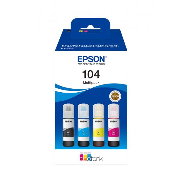 Epson 104 EcoTank 4-colour Multipack (Epson EcoTank 104 - 4-pack - black, yellow, cyan, magenta - original - ink refill - for EcoTank ET-14100, 1810, 2721, 2810, 2811, 2812, 2814, 2815, 2820, 2821, 2825, 2826, 4800)EpsonC13T00P640