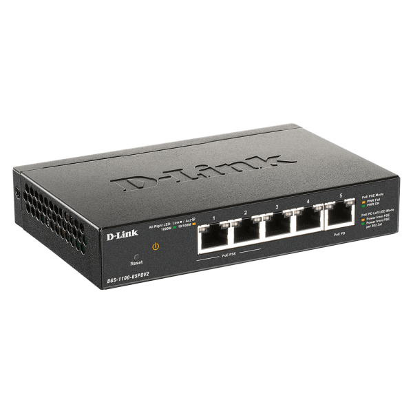 D-Link DGS-1100-05PDV2 switch di rete Gestito Gigabit Ethernet [10/100/1000] Supporto Power over Ethernet [PoE] Nero (D-Link DGS 1100-05PDV2 - Switch - smart - 5 x 10/100/1000 [2 PoE] - desktop - PoE [18 W])D-linkDGS-1100-05PDV2