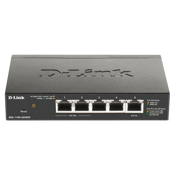 D-Link DGS-1100-05PDV2 switch di rete Gestito Gigabit Ethernet [10/100/1000] Supporto Power over Ethernet [PoE] Nero (D-Link DGS 1100-05PDV2 - Switch - smart - 5 x 10/100/1000 [2 PoE] - desktop - PoE [18 W])D-linkDGS-1100-05PDV2