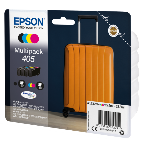 Epson Multipack 4-colours 405 DURABrite Ultra Ink (Epson 405 Multipack [Original] - Black, Cyan, Magenta, Yellow DURABrite Ultra Ink Cartridges for Workforce WF-7310, 7830, 7835, 7840, Pro WF-3820, 3825, 4820, 4825, 4830 - 4-Pack)EpsonC13T05G64010