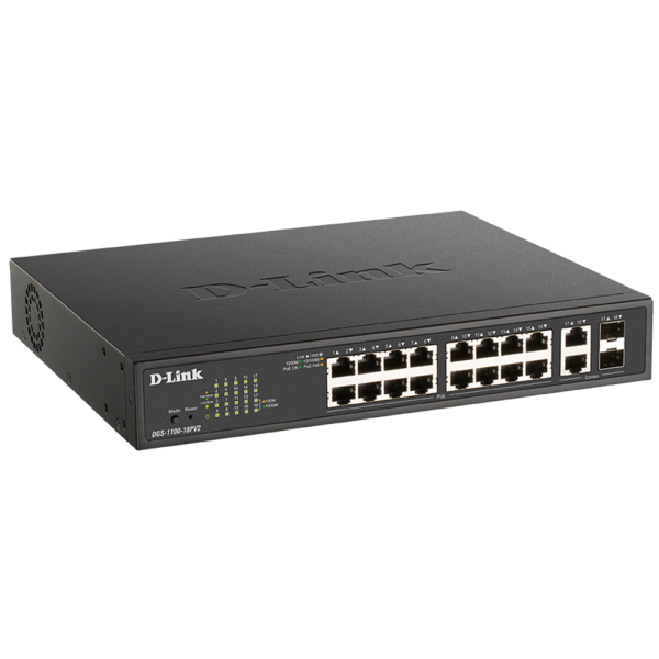 D-Link DGS-1100-18PV2 switch di rete Gestito L2 Gigabit Ethernet [10/100/1000] Supporto Power over Ethernet [PoE] 1U Nero (18PORT SMART MANAGED SWITCH - WITH 16 POE+ AND 2 COMBO RJ45SFP)D-link0790069453366DGS-1100-18PV2