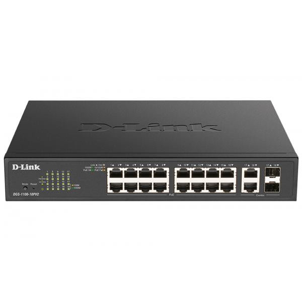 D-Link DGS-1100-18PV2 switch di rete Gestito L2 Gigabit Ethernet [10/100/1000] Supporto Power over Ethernet [PoE] 1U Nero (18PORT SMART MANAGED SWITCH - WITH 16 POE+ AND 2 COMBO RJ45SFP)D-link0790069453366DGS-1100-18PV2
