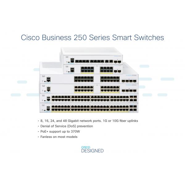 Cisco CBS250 Gestito L3 Gigabit Ethernet [10/100/1000] Supporto Power over Ethernet [PoE] 1U Grigio (Cisco Business 250 Series CBS250-24P-4X - Switch - L3 - smart - 24 x 10/100/1000 [PoE+] + 4 x 10 Gigabit SFP+ - rack-mountable - PoE+ [195 W])Cisco08...