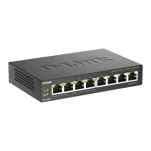 D-Link DGS-1008P Non gestito L2 Gigabit Ethernet [10/100/1000] Supporto Power over Ethernet [PoE] Nero (8-PORT GIGABIT POE UNMANAGED - DESKTOP SWITCH)D-linkDGS-1008P/B