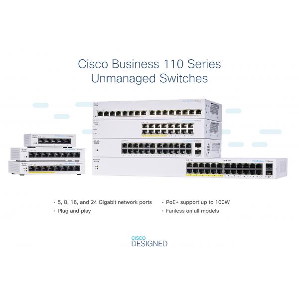 Cisco CBS110 Non gestito L2 Gigabit Ethernet [10/100/1000] Desktop Grigio (Cisco Business 110 Series 110-5T-D - Switch - unmanaged - 5 x 10/100/1000 - desktop, rack-mountable, wall-mountable - DC power)Cisco0889728326025CBS110-5T-D-UK