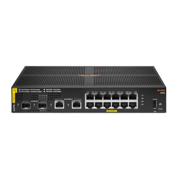 HPE Aruba Networking Aruba 6100 12G Class4 PoE 2G/2SFP+ 139W Gestito L3 Gigabit Ethernet [10/100/1000] Supporto Power over Ethernet [PoE] 1U Nero (HPE Aruba 6100 12G Class4 PoE 2G/2SFP+ 139W Switch - Switch - Managed - 12 x 10/100/1000 [PoE+] + 2 x 1...
