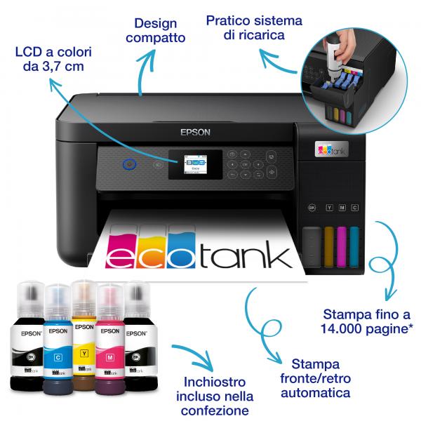 Epson EcoTank ET-2850 stampante multifunzione inkjet 3-in-1 A4, serbatoi ricaricabili alta capacità, 5 flaconi inclusi pari a 14000pag B/N 5200pag colore, Wi-FI Direct, USB (Epson EcoTank ET-2850 - multifunktions)EpsonC11CJ63405