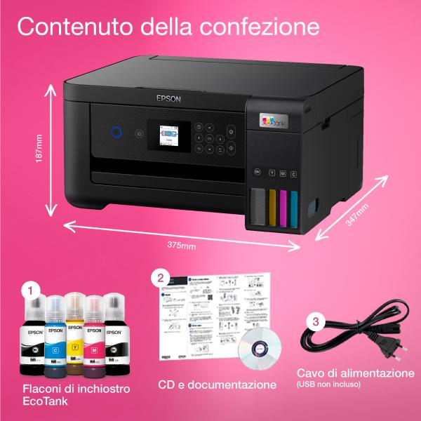 Epson EcoTank ET-2850 stampante multifunzione inkjet 3-in-1 A4, serbatoi ricaricabili alta capacità, 5 flaconi inclusi pari a 14000pag B/N 5200pag colore, Wi-FI Direct, USB (Epson EcoTank ET-2850 - multifunktions)EpsonC11CJ63405