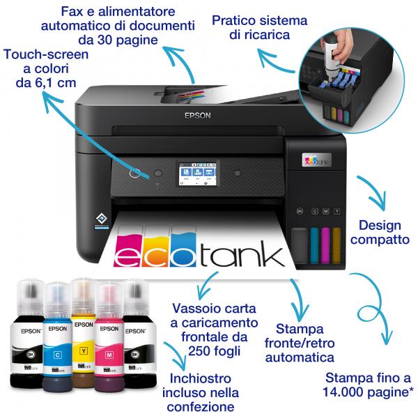 Epson EcoTank ET-4800 stampante multifunzione inkjet 4-in-1 A4, serbatoi ricaricabili alta capacità, 4 flaconi inclusi pari a 7500pag B/N 4500pag colore, Wi-FI Direct, USB (Epson EcoTank ET-4800 [4in1])Epson8715946684017C11CJ65402